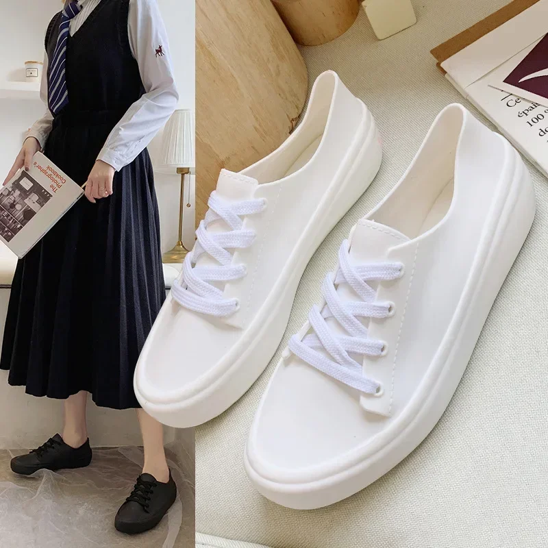 Comemore Rainboots Rain Shoes Women 2021 Summer Comfortable Women's Casual Flats Shoes Lace Up Water Proof Flat White Sneakers