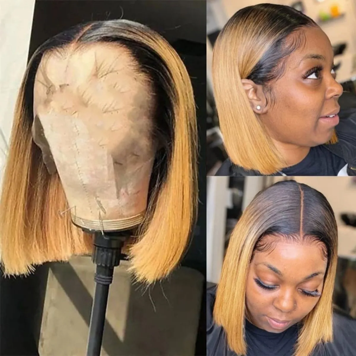 Ombre Honey Blonde T1B/27 Bob Wig Human Hair Preplucked Bob Wigs Colored 13x4 Lace Brown with Dark Roots Bob Wig image 2