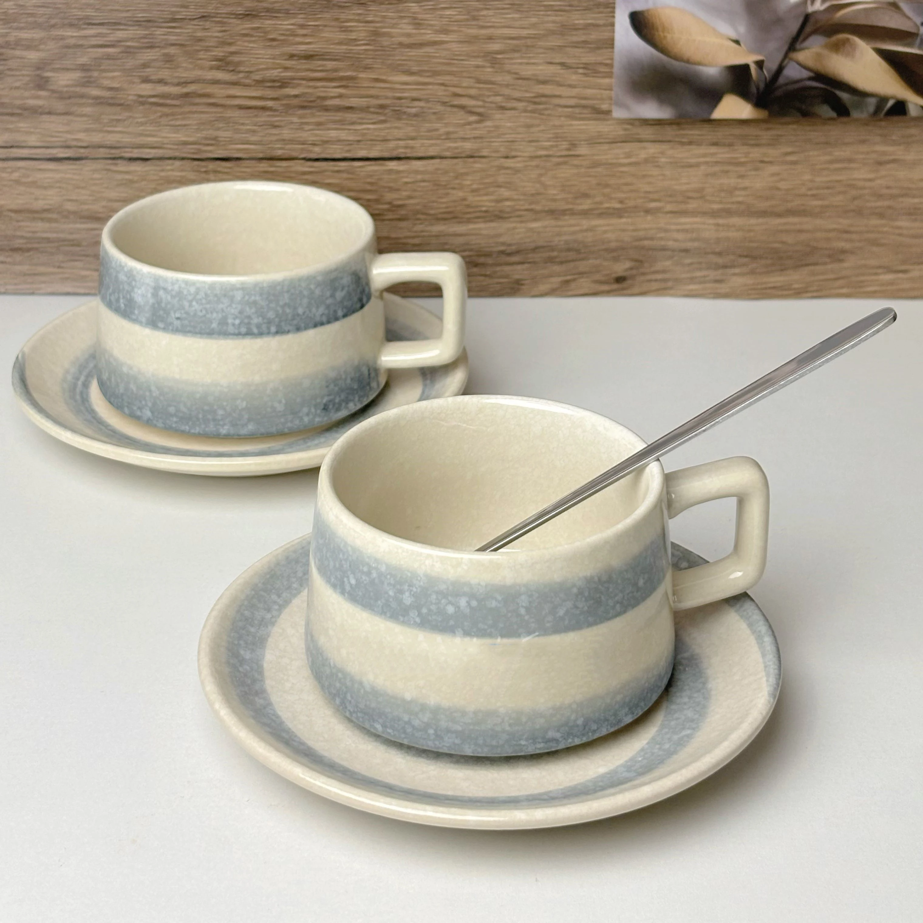 250ml Stripe Ceramic Coffee Cup Dish Smooth Glazed Surface Japanese Korean Large Capacity Grey Style Versatile Easy to Clean