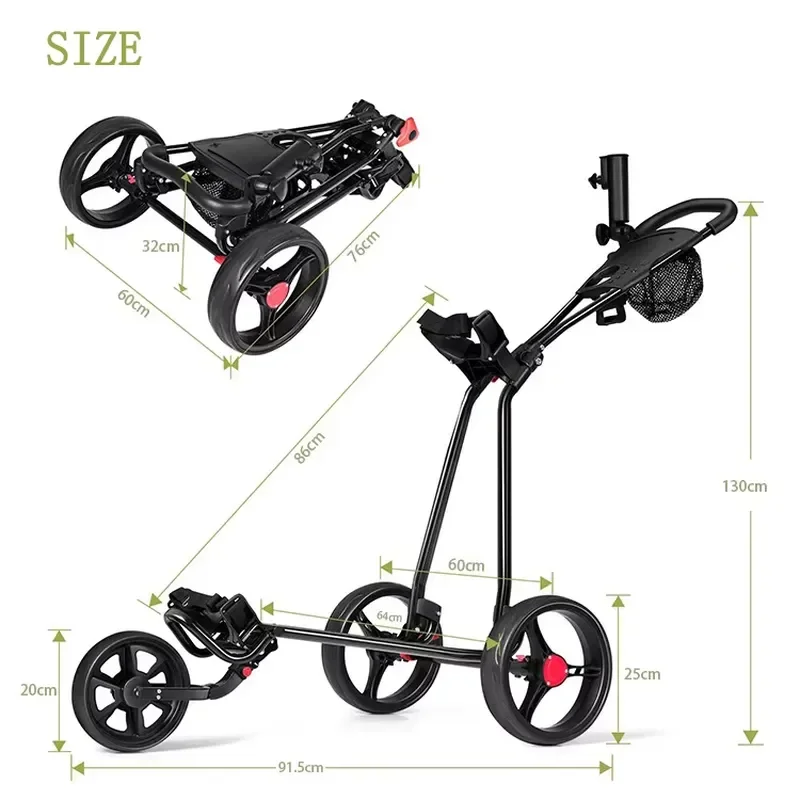 Foldable 3 Wheel Golf Trolley Steel Frame Lightweight Push Cart Portable Golfing Equipment for Men Women Outdoor Sport Gear