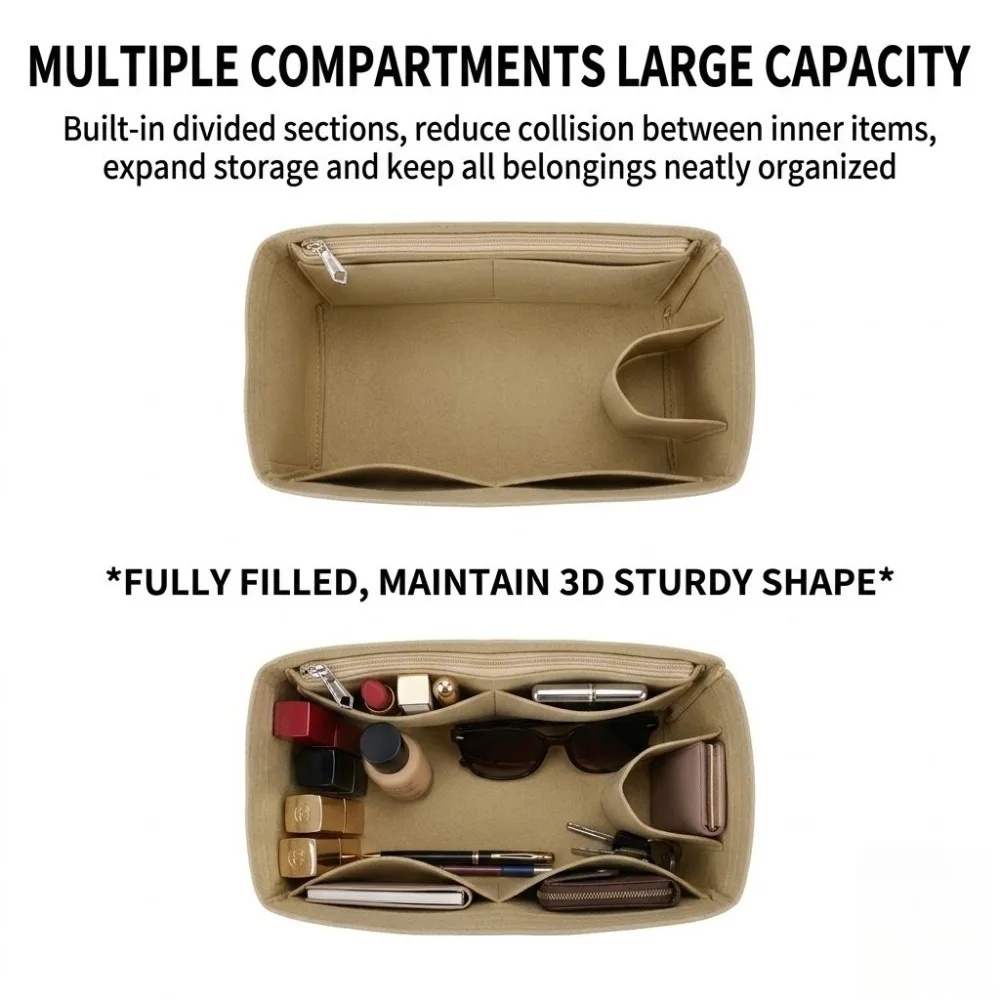 Purse Organizer Insert Felt Shaper Bag Protector With Zipper Multi Pockets Liner Fits For Loewe Puzzle Small Medium Handbag
