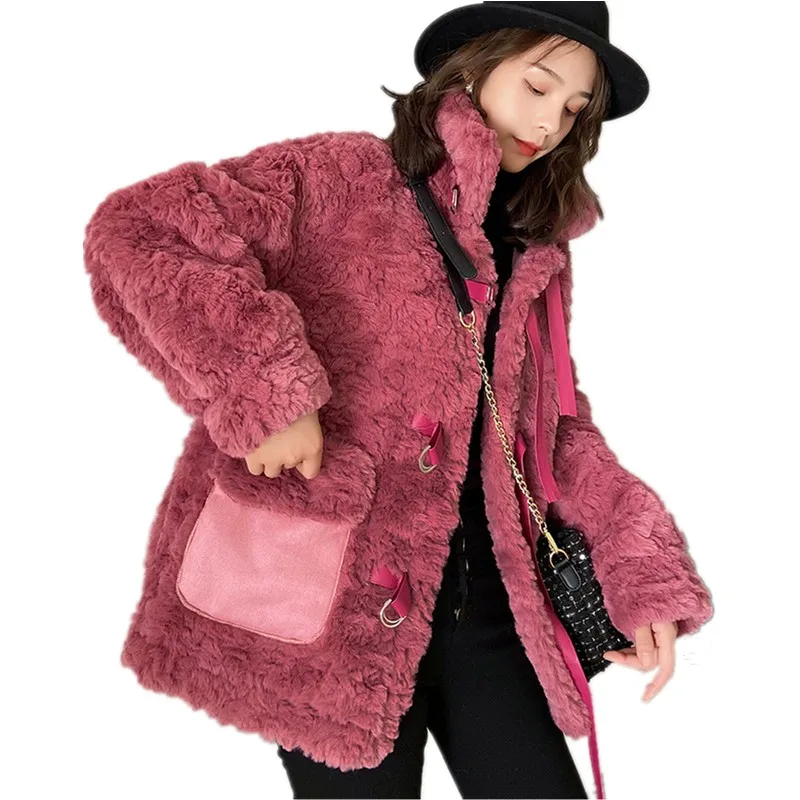 Kawaii Faux Lamb Fur Coat Women's Long Autumn Winter New Thicken Warm Imitation Rabbit Plush Fur Young Sweet Girls Lolita Coats