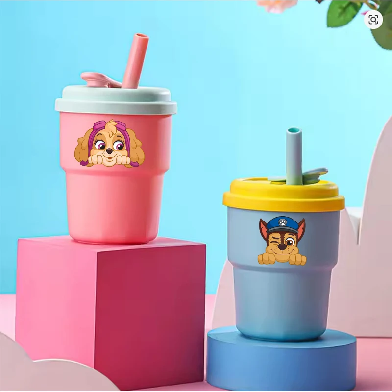 Taza de goma de silicona Paw Patrol de 380ML con pajita para beber, tazas de agua bonitas de dibujos animados de Anime, regalos de cristal portátiles de moda para estudiantes