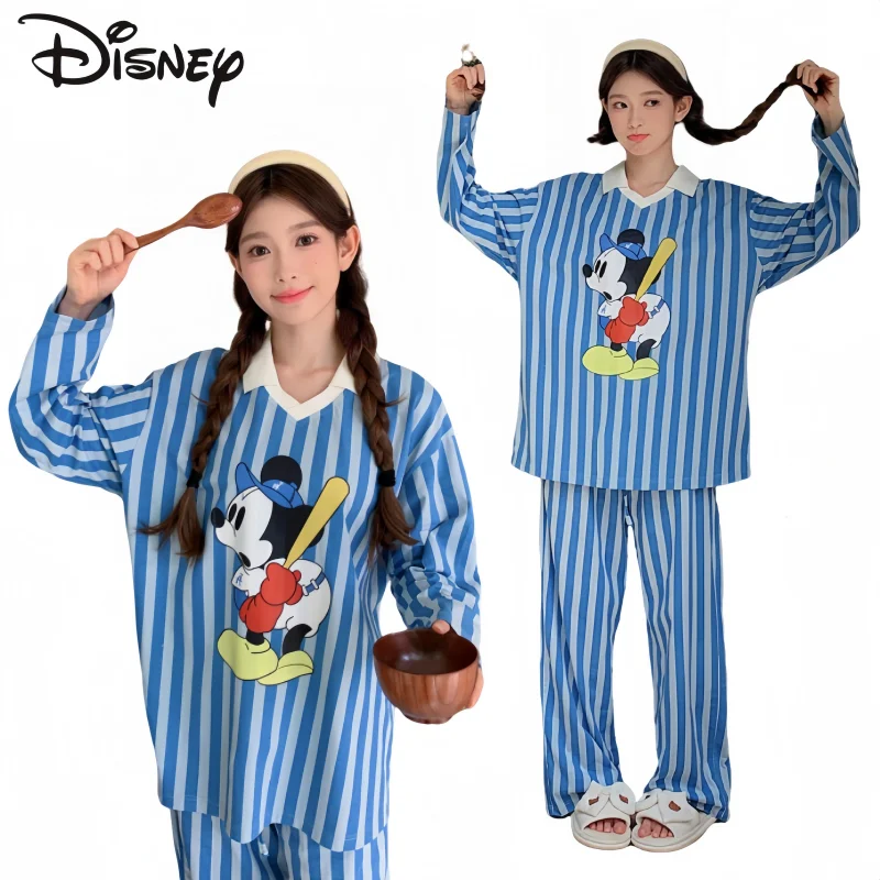 Mickey Long-sleeved Pyjama Set Blue Striped Pajamas Soft and Comfortable Loungewear Holiday Gifts Home Dormitory Bedchamber Girl