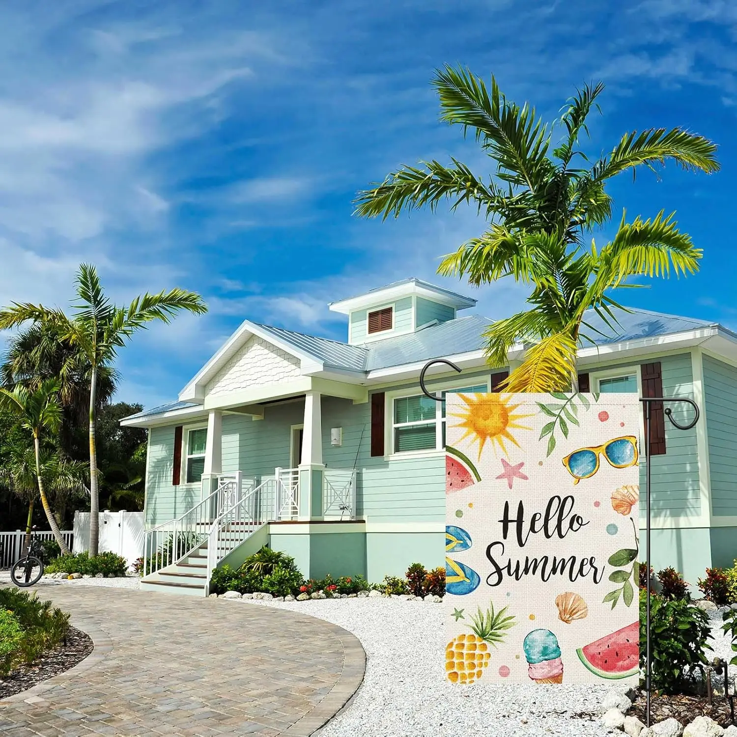 Hello Summer Garden Flag 12x18 Inch Double Sided Vertical, Small Burlap Colorful Sun Ice Cream Fruits Beach Sign Yard Outdoo