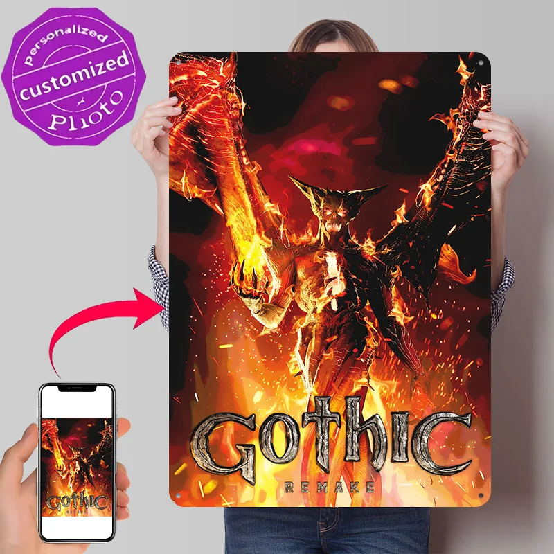Gothic Remake: Fiery Demon 3D Printed Texture Poster Personalized Wall Art Retro Metal Tin Signs for Home Decor Ornaments Items