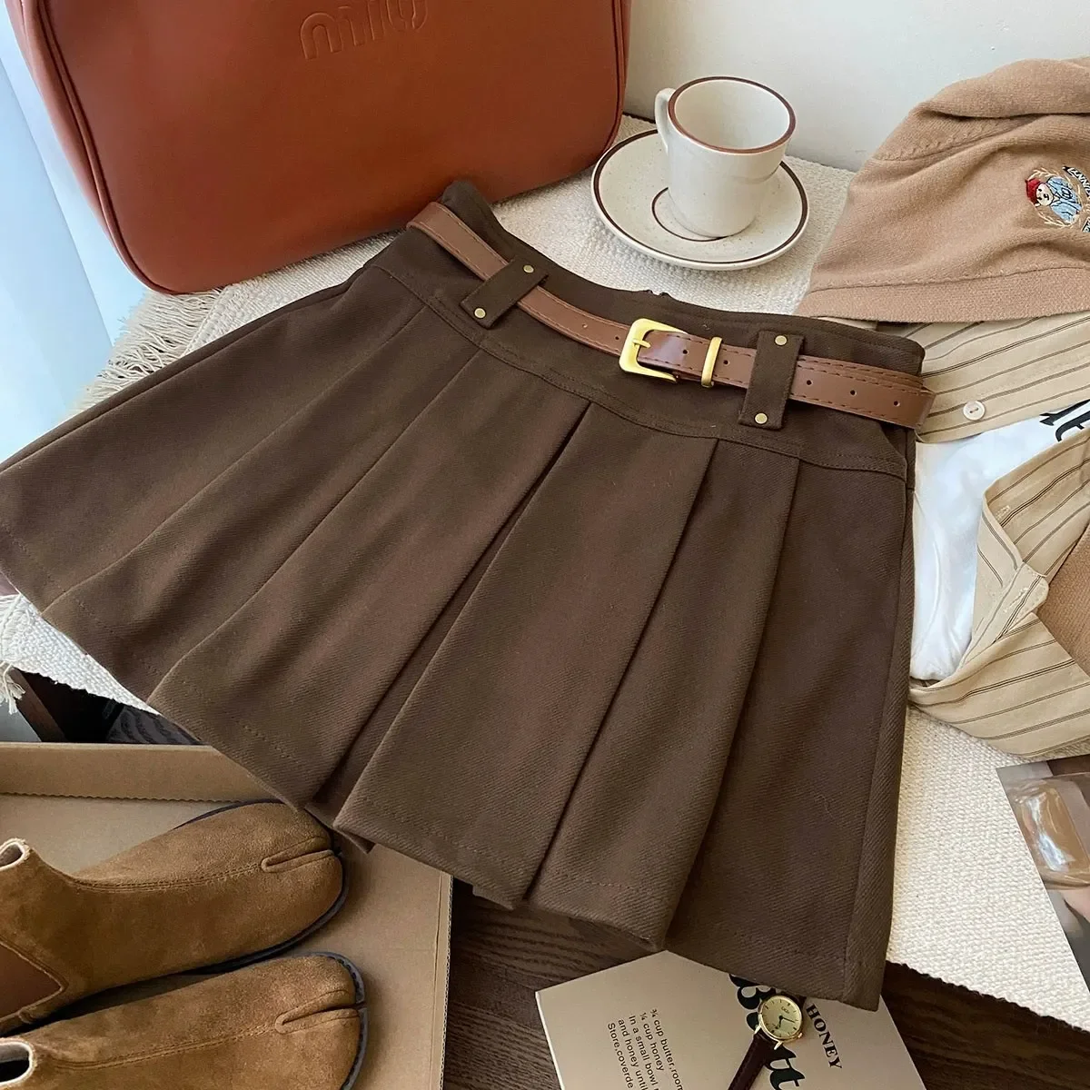 Retro Wełniana Spódnica Damska Modna Casualowa Uniwersalna Z Wysokim Stanem Rozkloszowana Plisowana dla Seksownych Kobiet