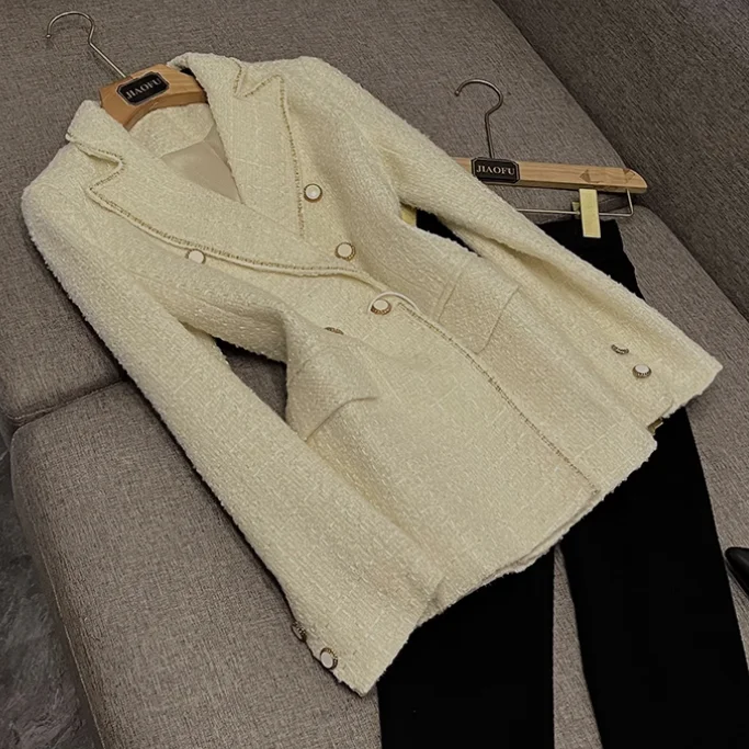 

French Style Lady High Quality Tweed Coat Women Long Sleeve Double-breasted Solid Blazer