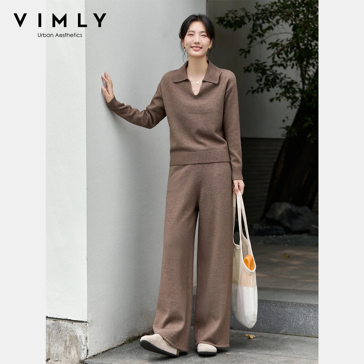 

VIMLY женские трикотажные брючные костюмы 2022, осенние повседневные топы с отложным воротником, прямые широкие брюки, женские комплекты из 2 предметов 75122