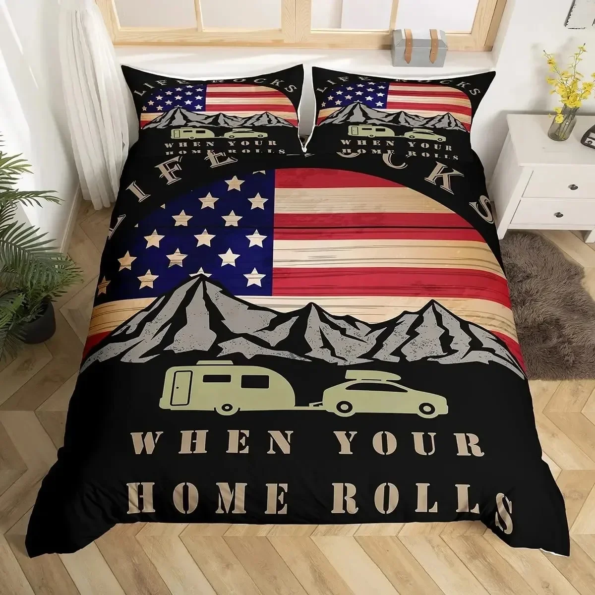 

Happy Camping Duvet Cover Rustic Farmhouse Camper RV Bedding Set King Starry Night Comforter Cover Adventure Theme Quilt Cover