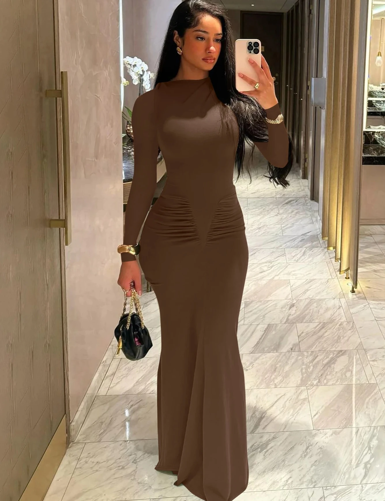 الخريف الصلبة طويلة الأكمام ثنيات مثير Bodycon ماكسي فستان حفلة موسيقية المرأة موضة ملابس السهرة الطرف