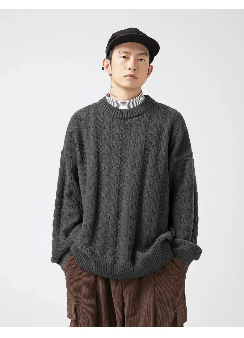 Japanese Couple's Solid Color Twisted Flower Knitted Crew-neck Sweater, Men's New Loose Retro Knit Sweater for Autumn and Winter