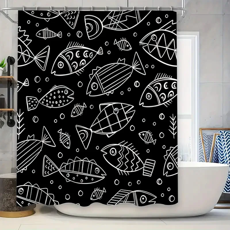 

Черно-белая занавеска для душа с рисунком рыбы, домашний декор для ванны, водонепроницаемые принадлежности для ванной комнаты 180x180 см