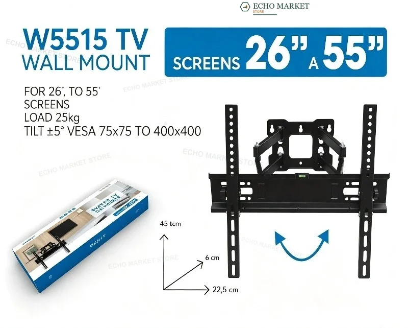 Soporte de pared ajustable de movimiento completo para TV, inclinable y giratorio, para pantallas de televisión de 26 a 55 pulgadas.