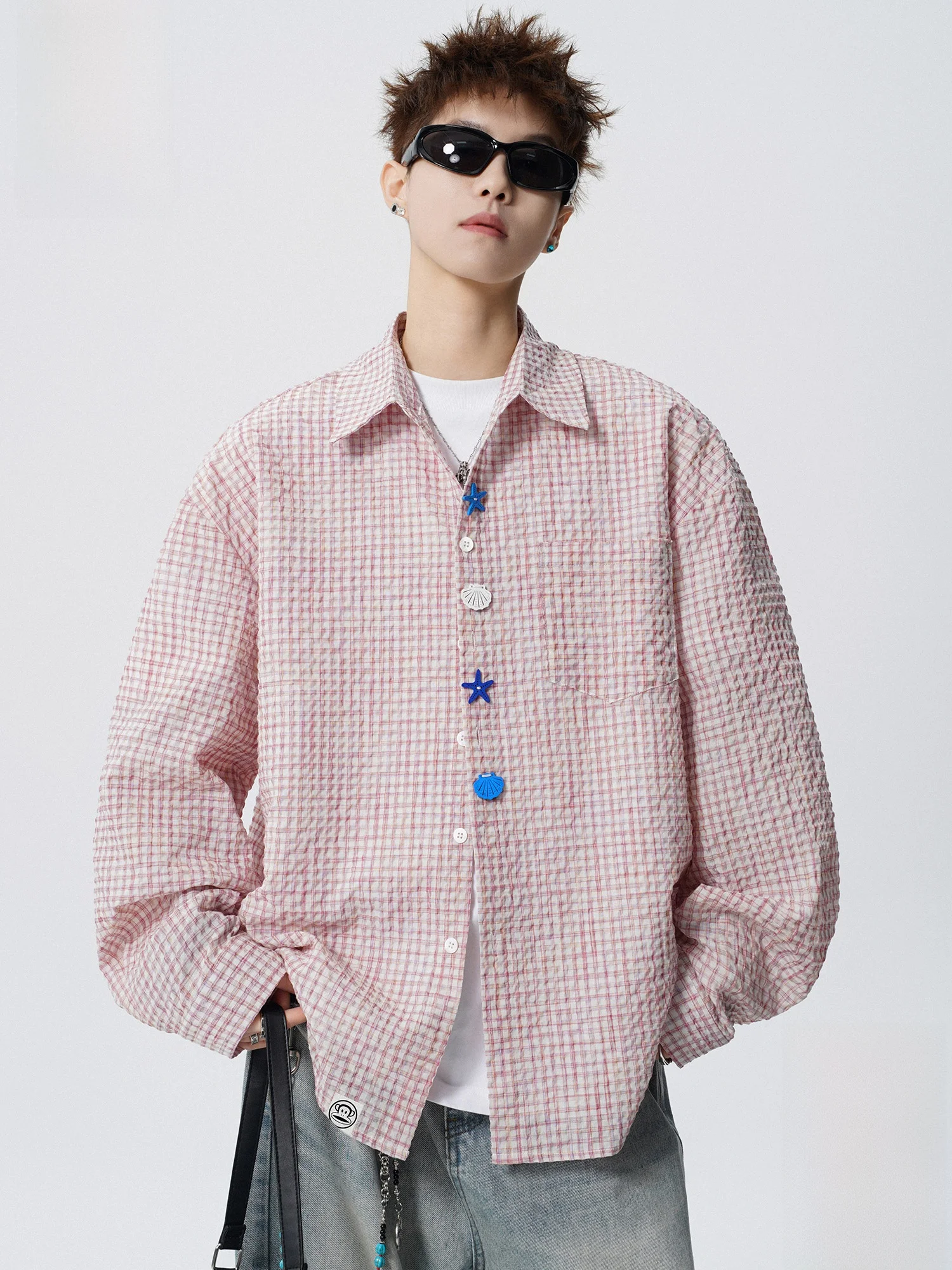 

PaulFrank Large Mouth Monkey ell Button Plaid Casual irt Long Sve Men's Spring New Loose Fit irt Polyester Cotton Blend