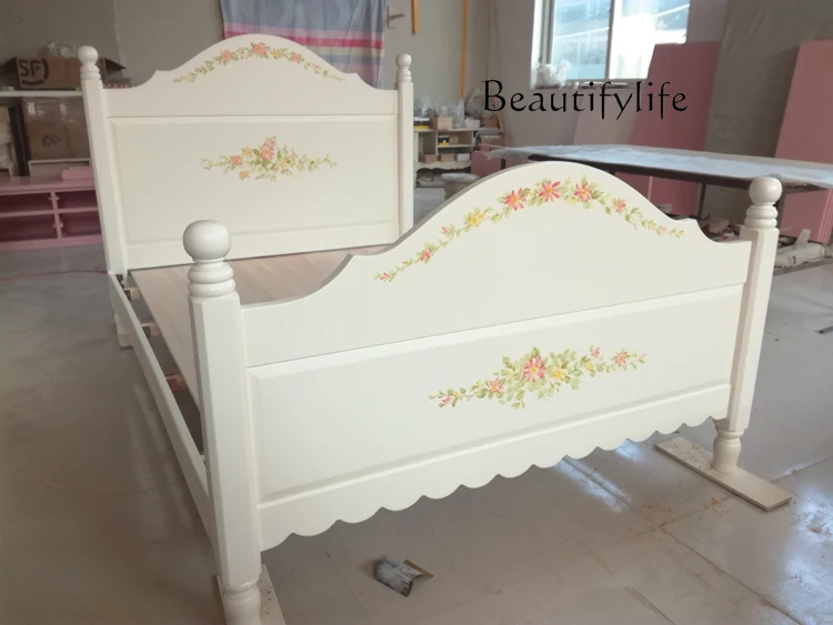 

European pastoral solid wood hand-painted furniture English luxury painted jasmine double bed