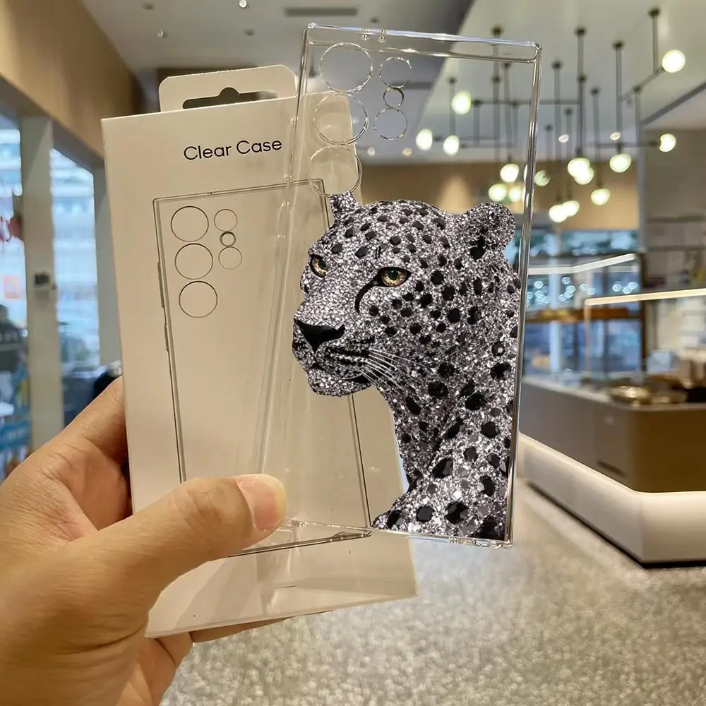 Glitter Leopard Head Transparency Soft shell phone case for Samsung Galaxy S26 S25 S24 S23 S22 S21FE,Ultra,Plus Dropresistant