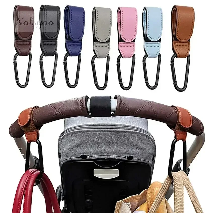 2Pcs Leather Cart Hooks Baby Stroller Hook PU Adjustable Pram Hook Organizer Diaper Bag Hanger Travel Accessories