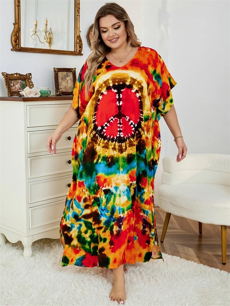 Sexy V Neck Print Oversize Kaftan Batwing Sleeve Side Slit Summer Vacation Women Beachwear Plus Size Swimsuit Cover-ups Q1464