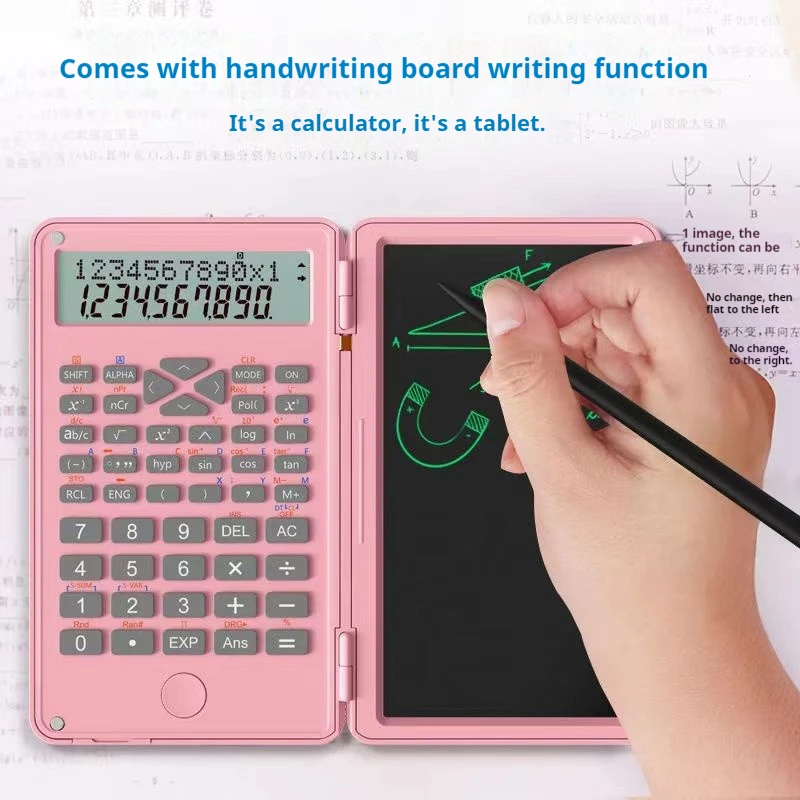 Calculadora científica con pantalla de 2 líneas, tableta de escritura, papelería escolar, calculadora científica plegable con Bloc de notas con batería