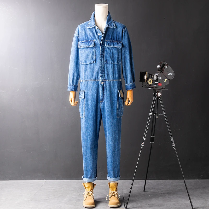 

Джинсовый комбинезон в стиле ретро для мужчин: модный, свободный, в стиле хип-хоп, цельный комплект с длинными рукавами, брюки и рубашка, повседневная одежда, универсальный вариант.