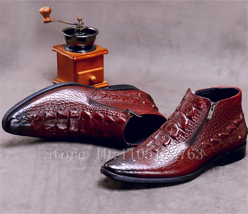 Men New Cowhide Short Boots Crocodile Pattern Side Zipper High Top Leather Shoes Luxury Business Formal Shoes