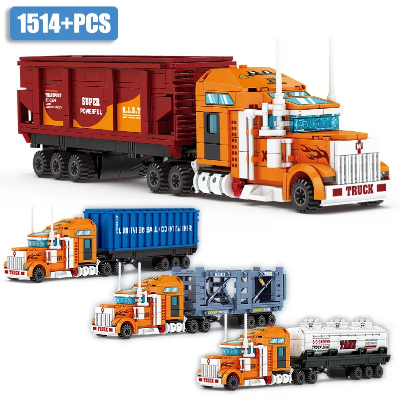 City MOC 1514pcs 4 In 1 Container Truck Model Building Blocks DIY Automobile Transport Vehicle Bricks Toys For Children Gifts