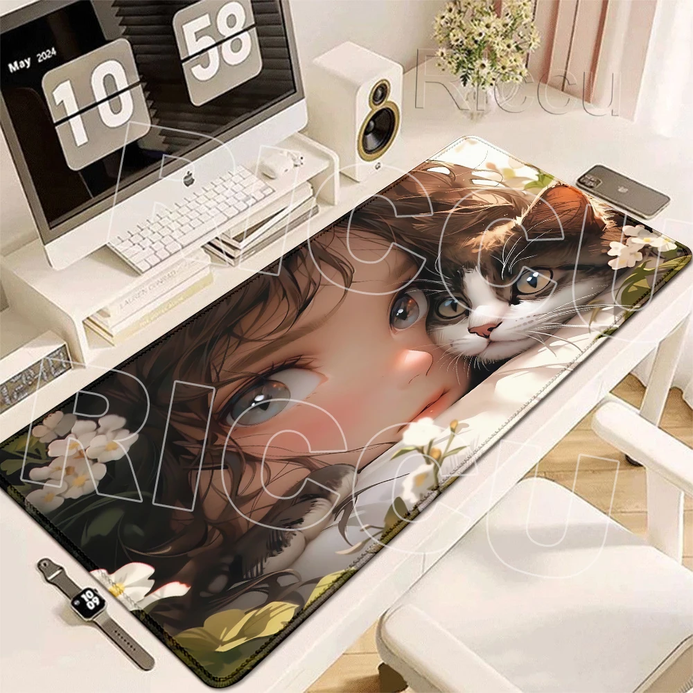 Gaming Mouse Pad Gamer Carpet Kawaii Girl and Cat Keyboard Carpet Extened Computer Office Accessories Anti-slip Rubber Desk Mats