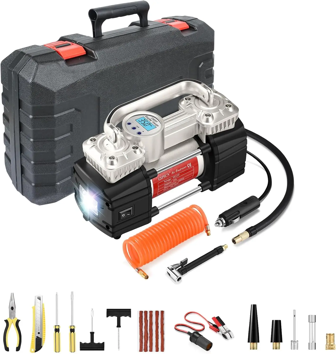 12V Digital Heavy Duty Tire Inflator PortableAir Compressor Pump | with Toolbox Tire Repair Kit 6X Faster Inflation Auto