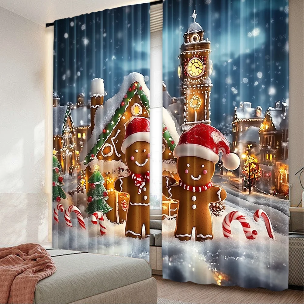 2pcs 2D flat printing Christmas Party Curtain Christmas gingerbread man10 Fabric Without Electricity Festive Curtains Perfect
