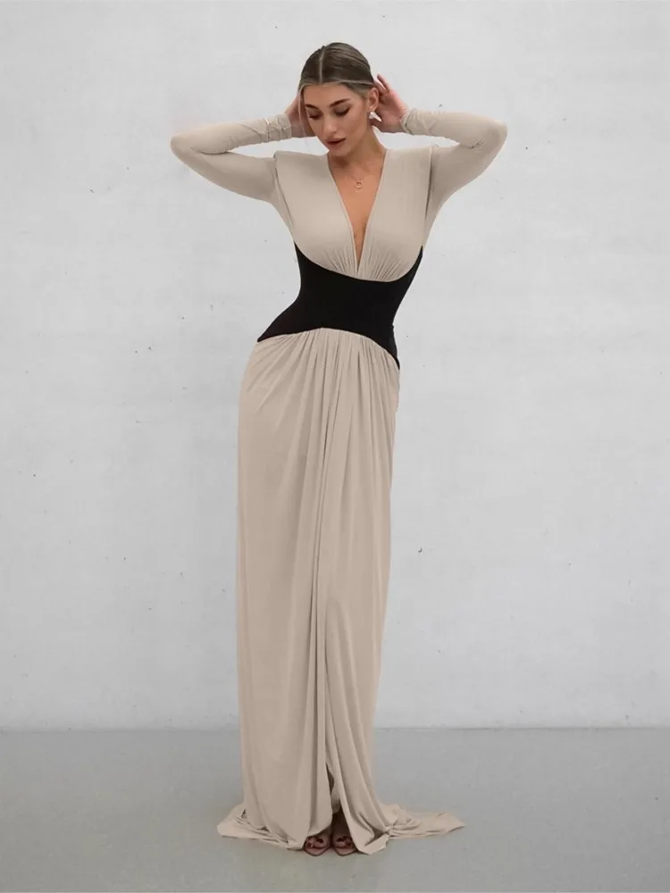 

French Dresses 2026 Woman V-neck Long-sleeved Evening Dress Contrast Elegant Vestidos Backless Sexy Simple Style Temperament