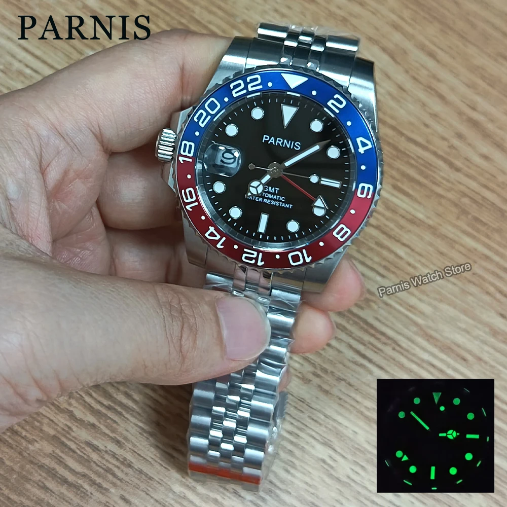 Parnis 40mm Black Dial Sapphire Crystal GMT Automatic Movement Left Crown Men Boy Wristwatch Luminous Marker Date Rotating Bezel