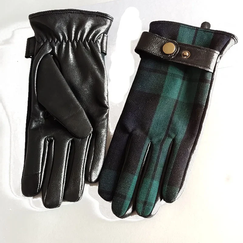 England Style Men's Genuine Leather Gloves Green Plaid Touch Screen Real Sheepskin Winter Warm Gloves