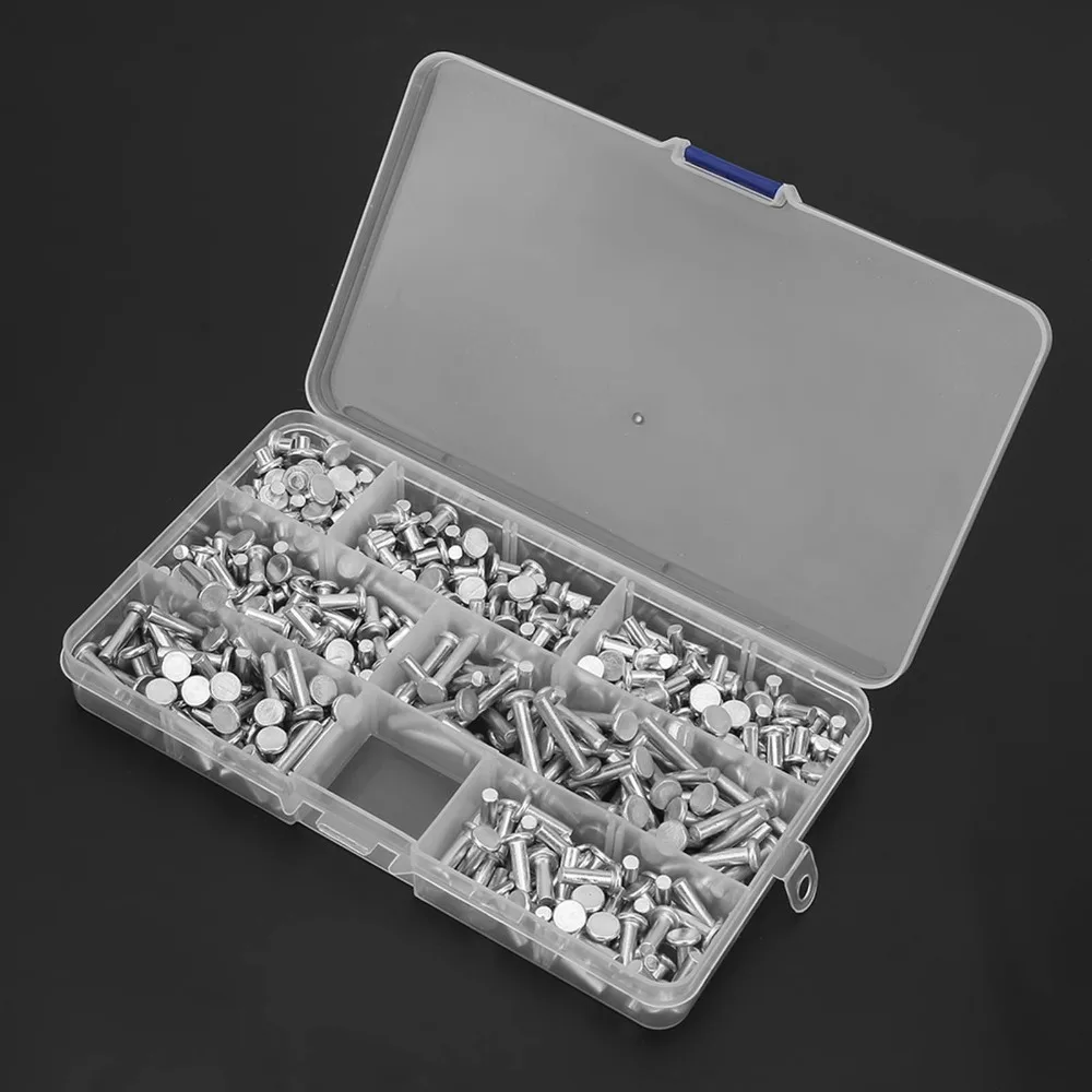 

350PCS 4mm to 20mm Length Range Flat Head Solid Rivets Kit Aluminum Silver M4 Rivets Assortment Flat Head