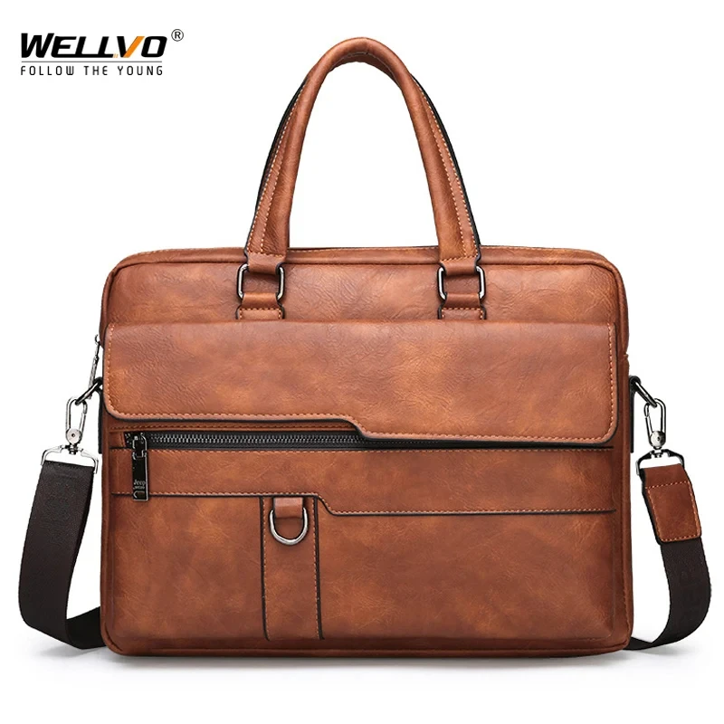 

14 Inch Leather Briefcase Men's Business Office Laptop Handbags Leisure Large Shoulder Bag Male Brand Tote For A4 File XA882H