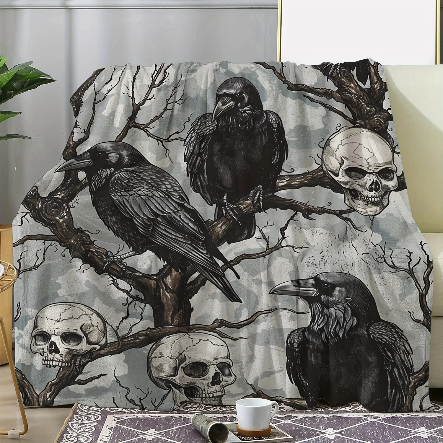 Halloween Skull Crow Flannel Blanket, Vintage Retro Style Soft Throw, Cozy Gift for Sofa Bed Camping, All Season Home Decor
