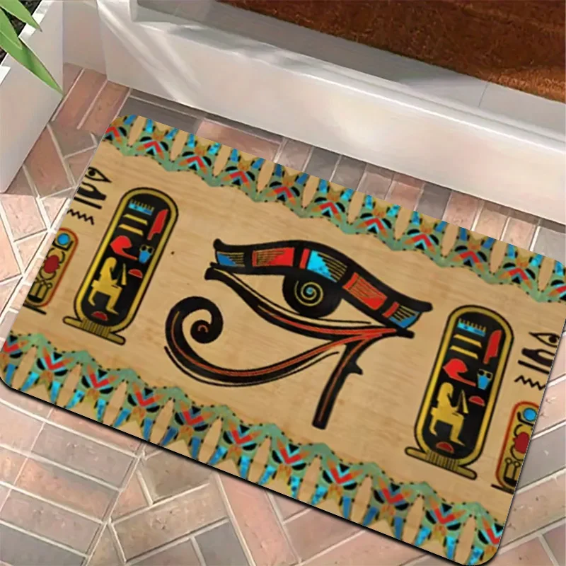 Egyptian Horus Eye Mat – Vintage Hieroglyphics & Geometric Lace Design, Luxe Cultural Floor Rug for Entryway & Study