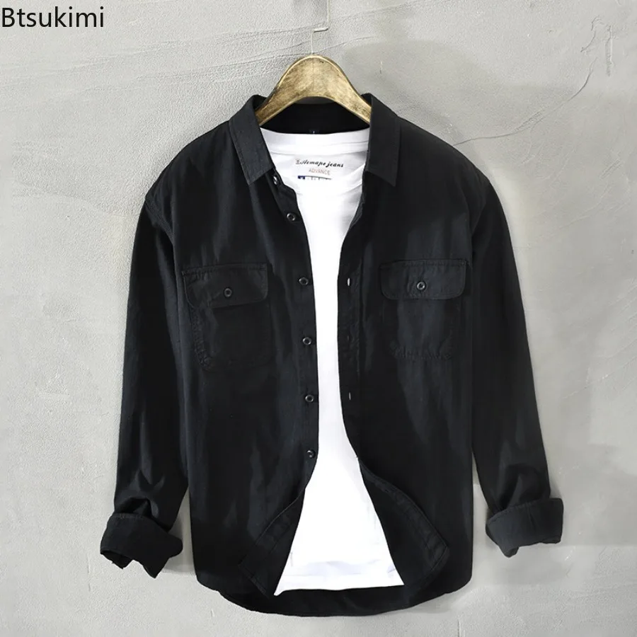 2025 New Style Men's Vintage Shirts Long Sleeve Two Pocket Design 100% Cotton Casual Shirt Coats Spring Simple Lapel Shirts Male