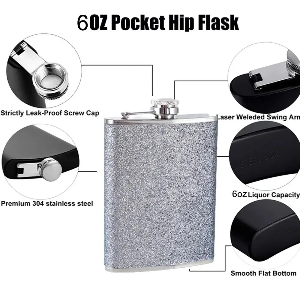 1pc Glitter 6oz Stainless Steel Hip Flask -Girls Glitter Bling Pocket Decorative Flask for Vodka Whisky