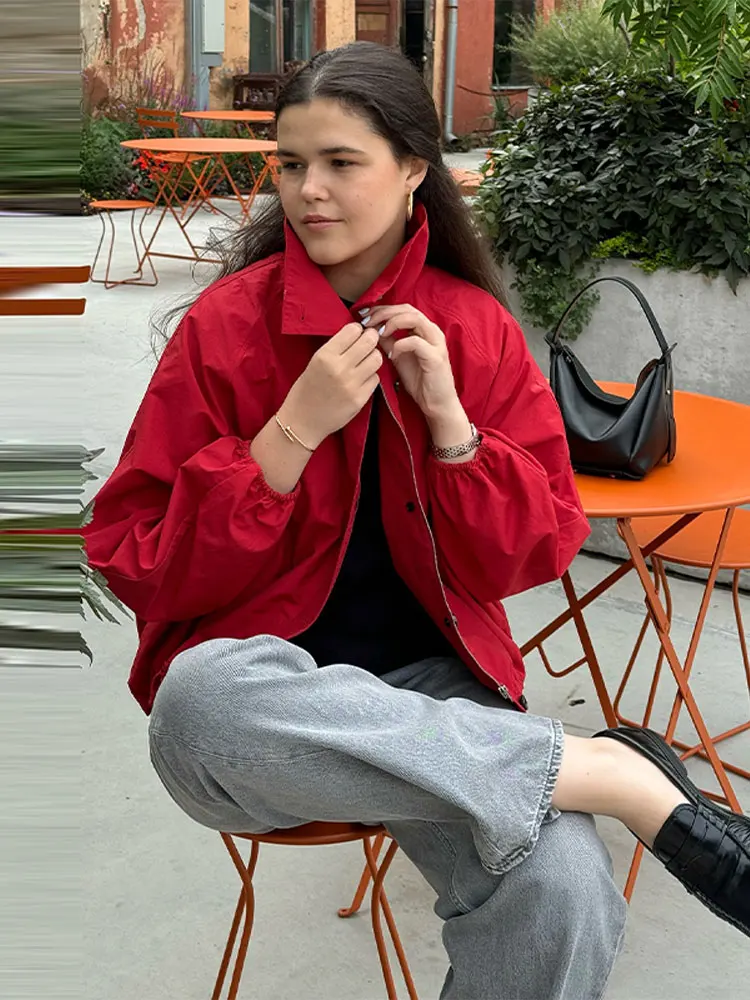 Fashion Solid Jacket Women's Loose Stand Collar Single Breasted Zippers Long Sleeve Coats 2025 Autumn New Lady Casual Streetwear