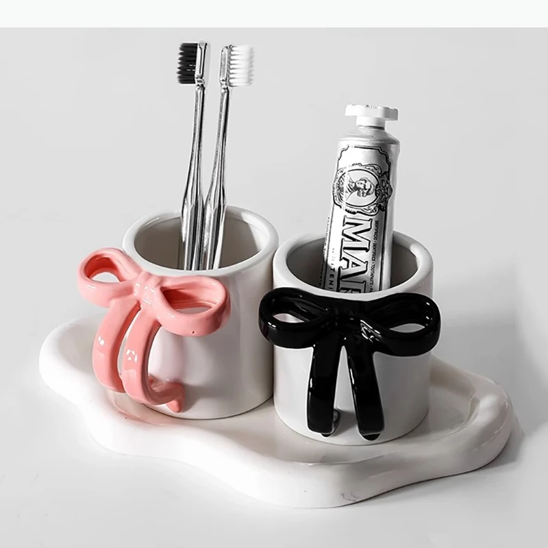 Bowknot Handle Ceramic Mouthwash Toothpaste Toothbrush Household Coffee Mug Milk Couple Storage Tray