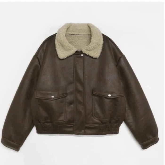 レディースシックオーバーサイズ暖かいラムファーカラーレザージャケットスタンドカラーコートロングスリーブユースファッション秋冬コート