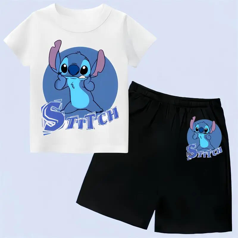 T-Shirt Stitch Children  T-Shirt + shorts Set Tee Shirts  suit Cartoons Kawaii Kid Casual Clothes Girl Boy Harajuku Tops