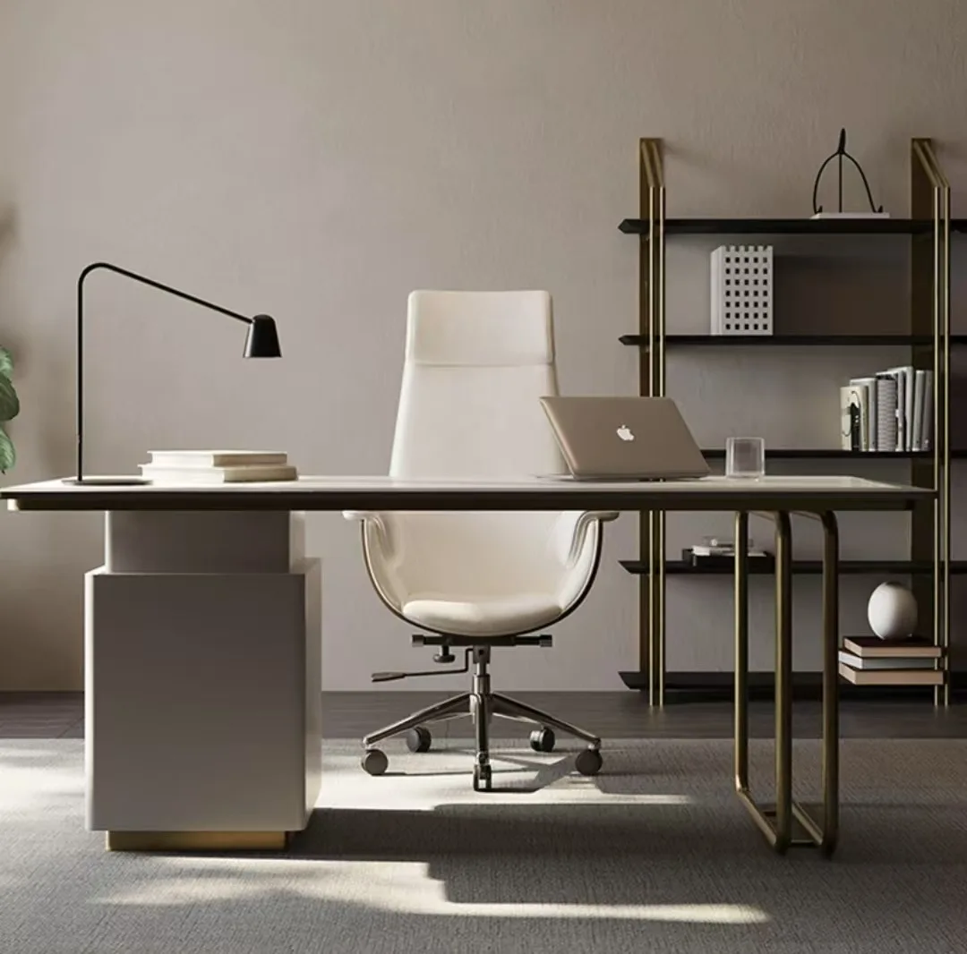 for Nordic Light Luxury Desk Stainless Steel Brushed Legs Rock Slab Surface Home Office Integrated Table