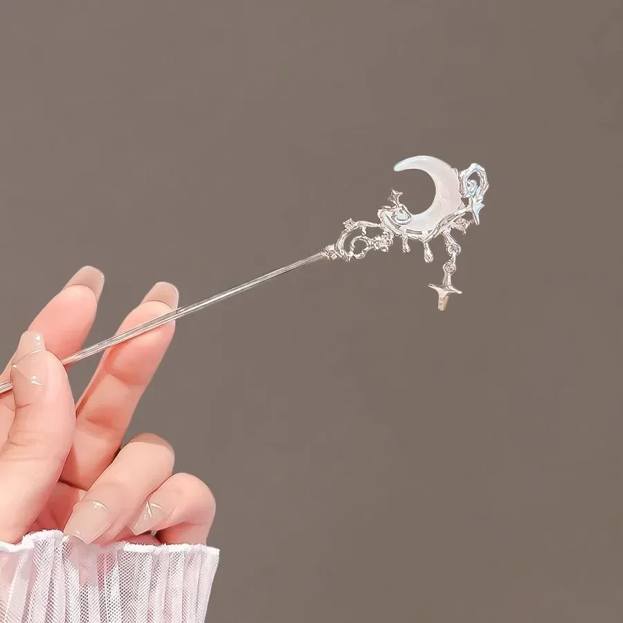 Vintage Moonstone Star Moon Hair Sticks for Women Chinese Style Cross Tassel Hairpin Disk Hair Chopsticks Hair Accessories