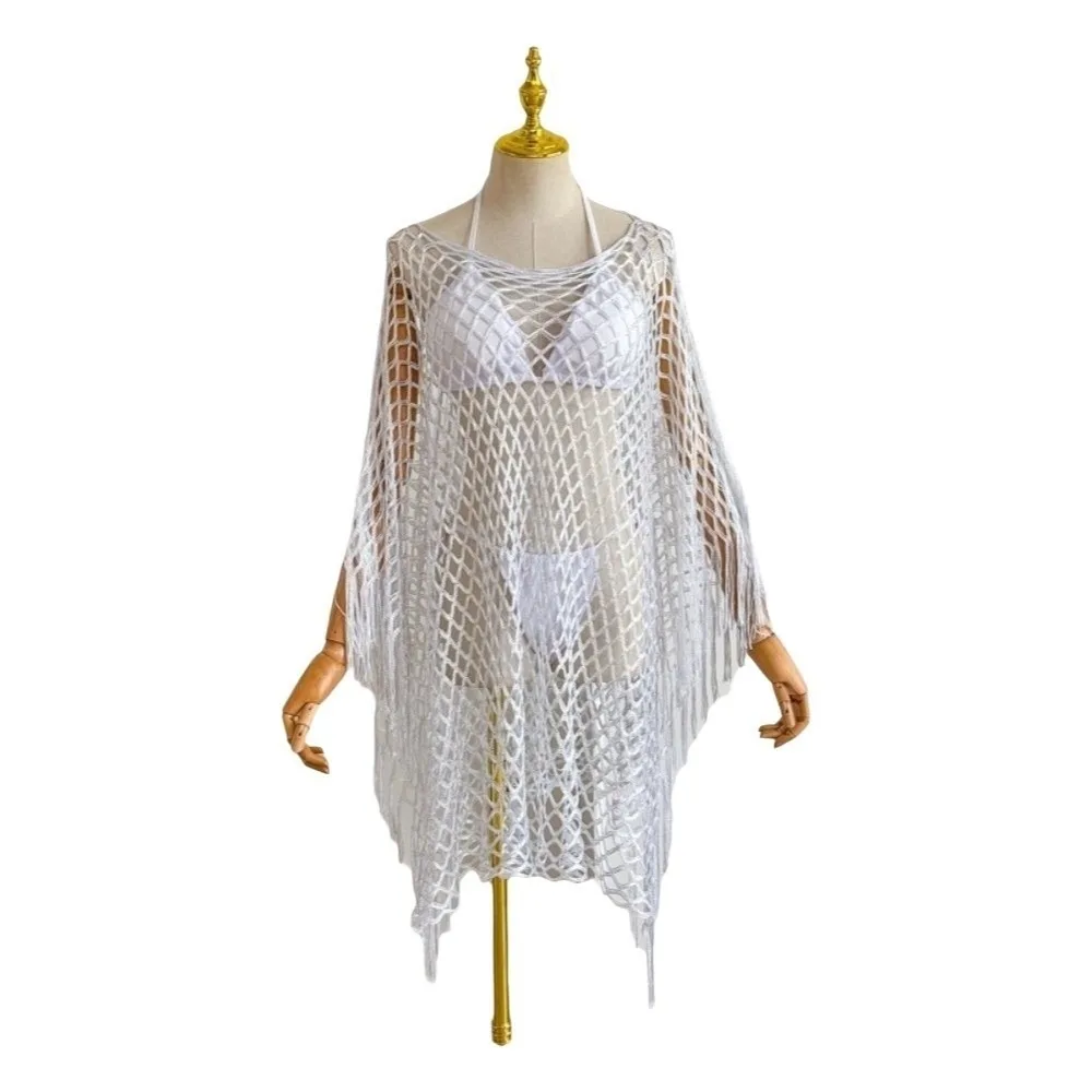 Solid Color Tassel Sunscreen Cover-up Loose Fit Plus Size Bohemian Shawl Casual Crochet Fishnet Swimsuit Cover Up Lady