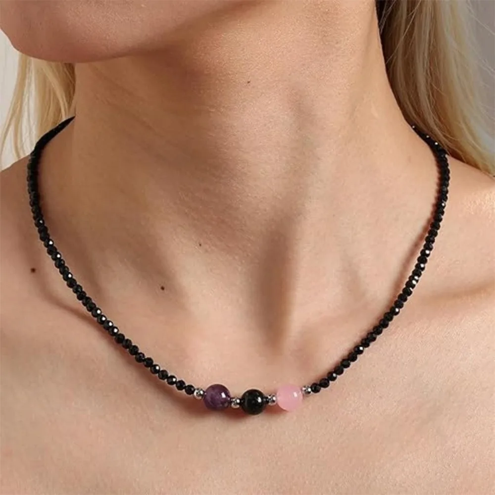 Natural Gemstone Crystal Necklace Anxiety Relief Healthy Pregnancy Beaded Choker Triple Protection New Beginnings
