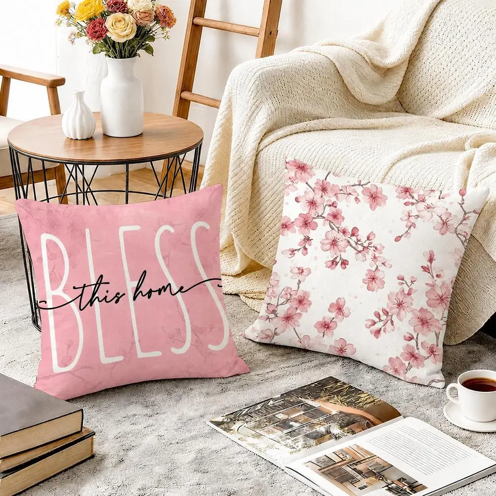 Cherry Blossom Joy Cushion Cover Breathable Cool Natural Durable Linen Printed Pillow Case Decor Sofa Bedroom