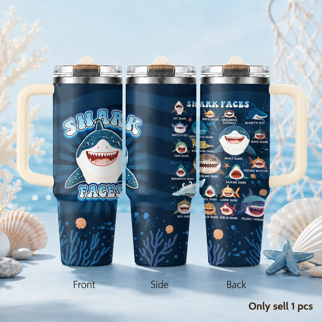 Cute Shark Faces Ocean Guide Vacuum Flasks 40oz 3rd Gen Vacuum Insulated Stainless Steel Tumbler Cup With Handle Straw Lid