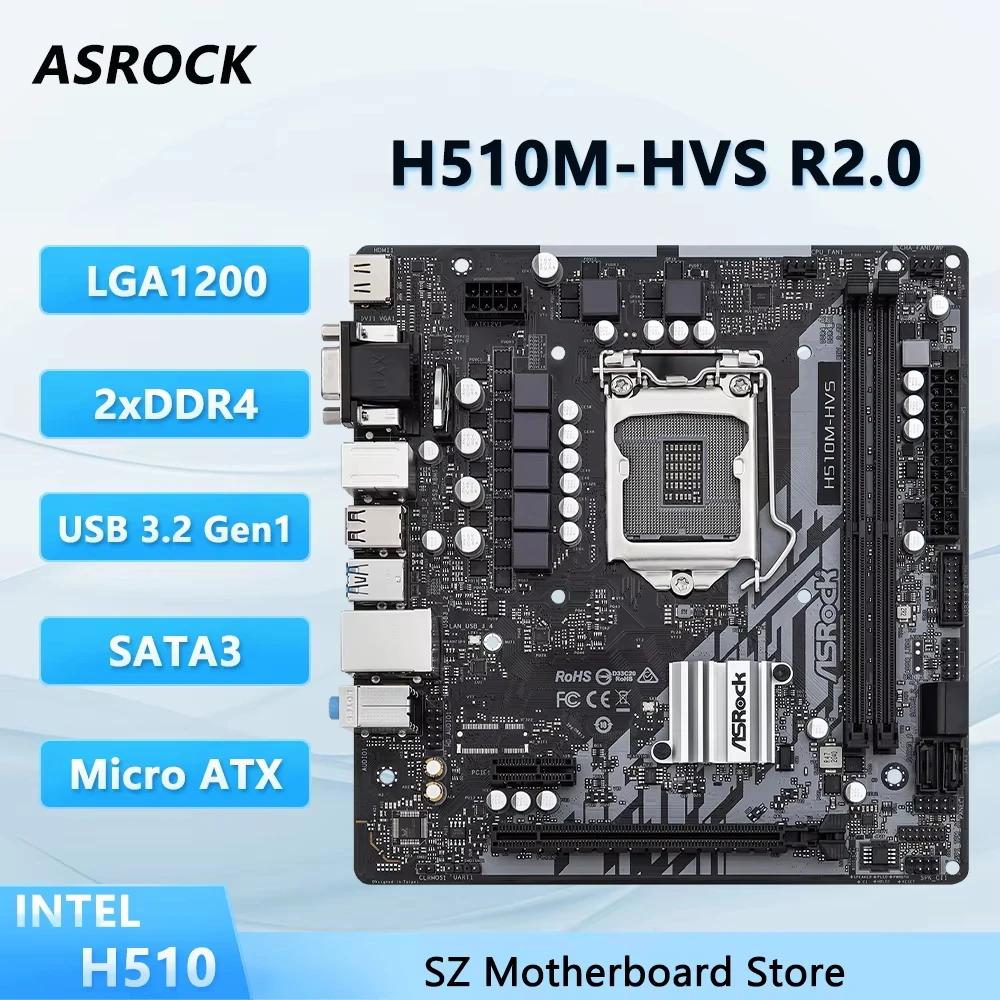 Placa base ASROCK H510M-HVS R2.0 H510 LGA1200 compatible con CPU i5-11400 i5-10400 i3-10100 i3-10105/F DDR4 3200MHz SATA3 Micro ATX